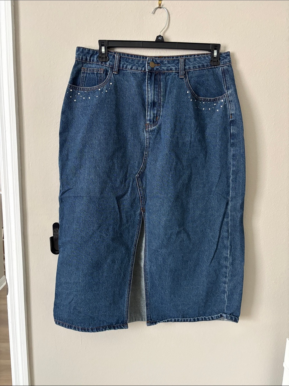 Cider Straight Leg Denim Skirt in Blue with Front Slit